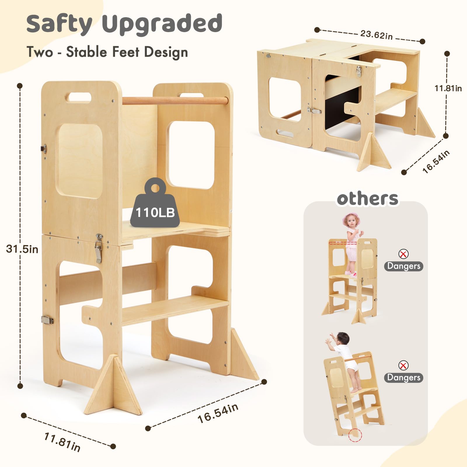 Labebe Montessori Torre per bambini, 3 in 1 pieghevole Torre didattica, Scala Sgabello per bambini con lavagna, Montessori Legno torretta per utensili da cucina a partire da 18 mesi (Legno)