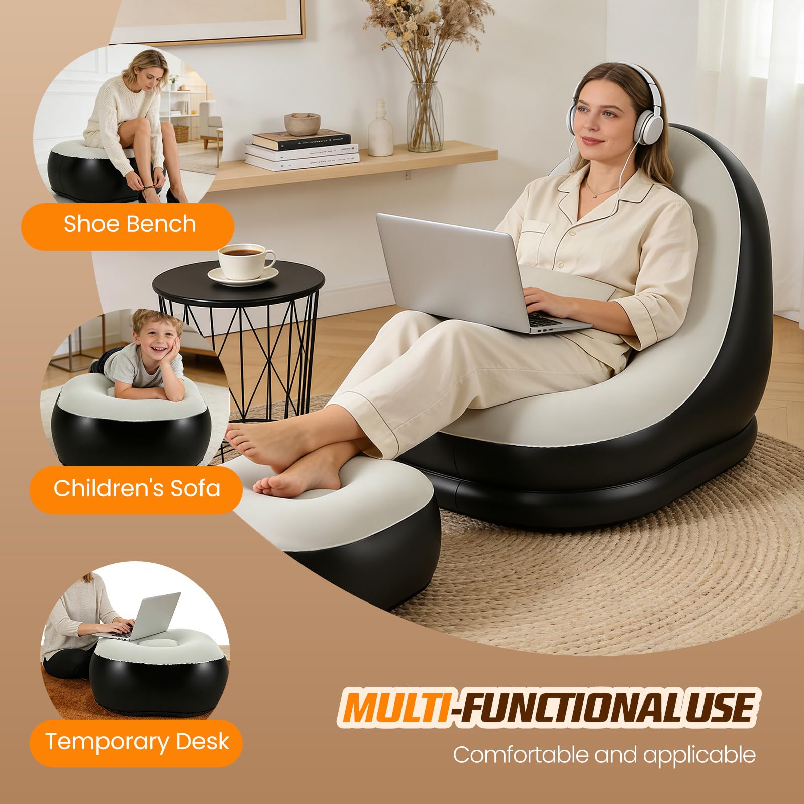 Juego de sofá hinchable con reposapiés – Sofá hinchable con flocado para camping, jardín y sala de estar, resistente al agua, gris-negro, 120 x 95 x 85 cm