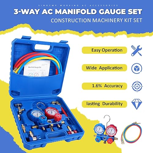 Miniatura 6 de SINOCMP Juego de manómetros de colector de CA, válvula de 3 vías, 4CFM de una etapa 110V 13 HP HVAC bomba de vacío con detector de fugas para aire