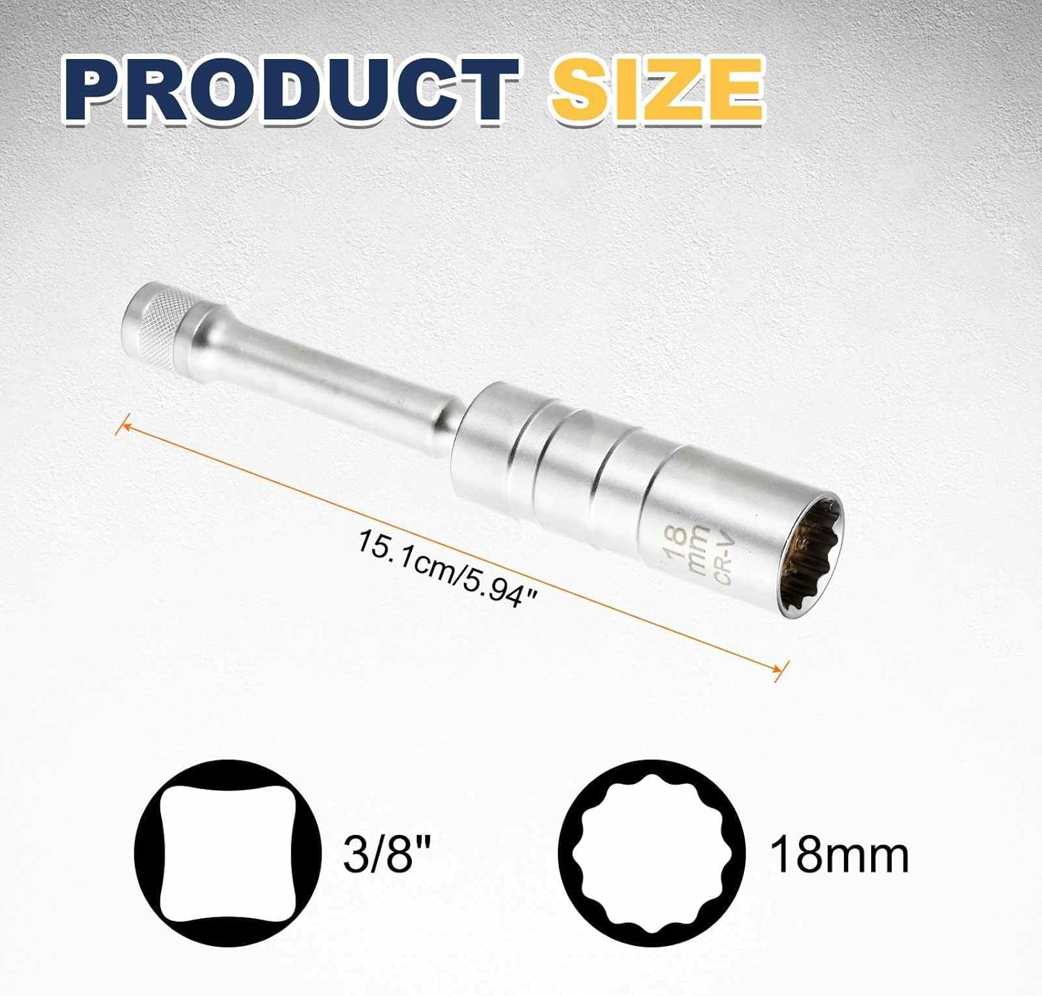 HARFINGTON 2pcs Spark Plug Socket Set 3/8" Drive 18mm Swivel Magnetic 12 Point Medium Thin Wall Spark Plug Socket with 360 Degree Swivel CR-V Steel, Silver