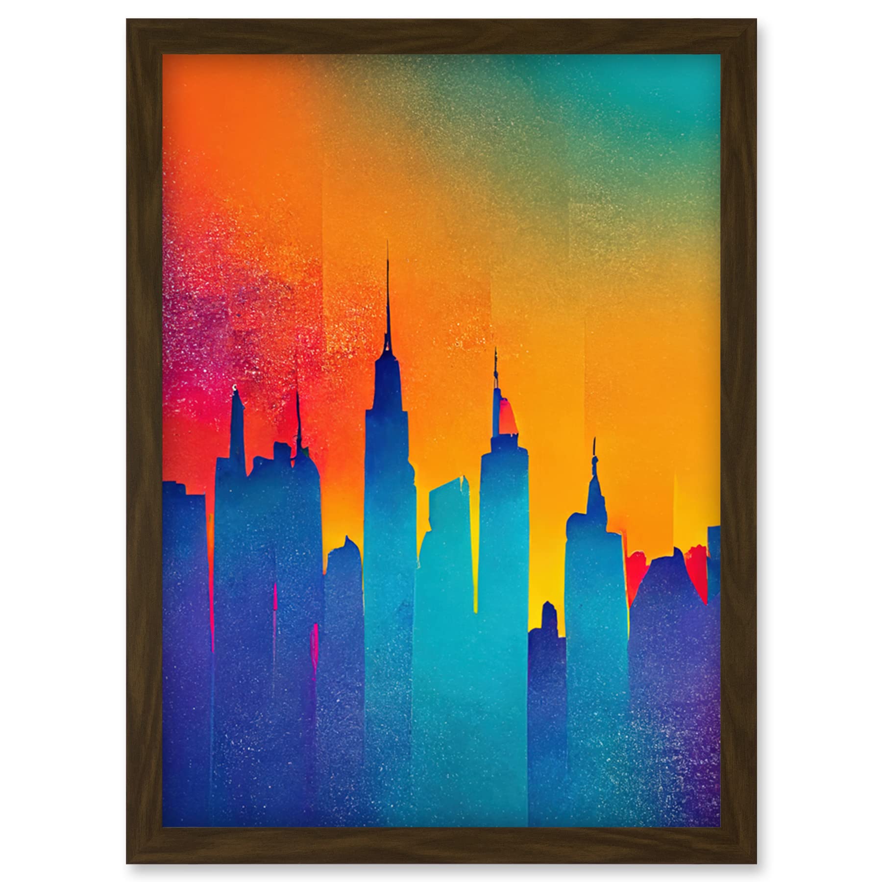 A4 Framed Wall Art Print - Modern Abstract New York Sunset Skyline - Warm Bright Colourful Artwork