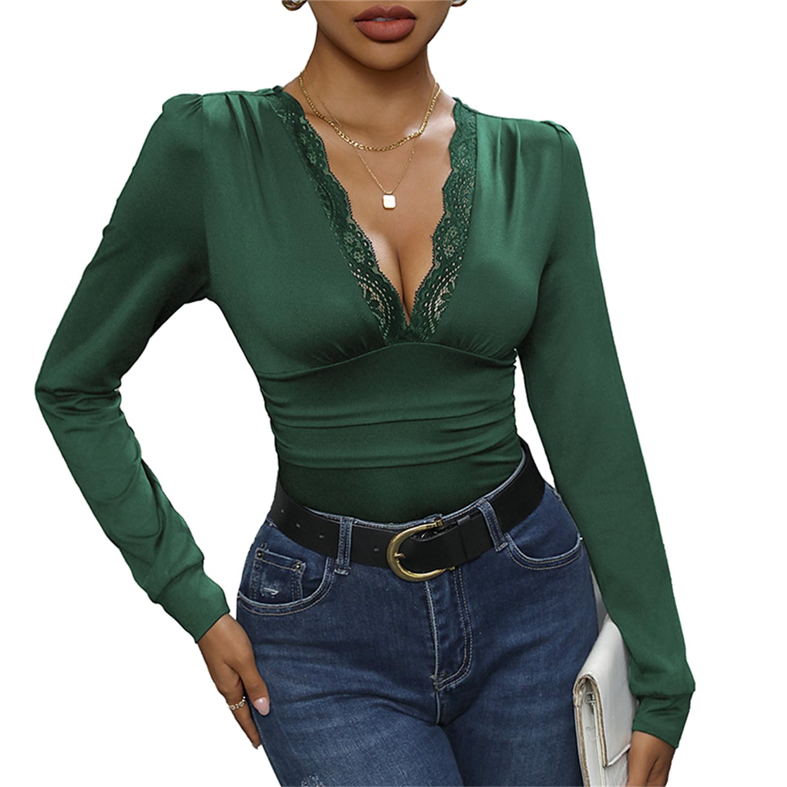 Daysskk Body da donna in pizzo a maniche lunghe con scollo a V sexy, Verde, XL