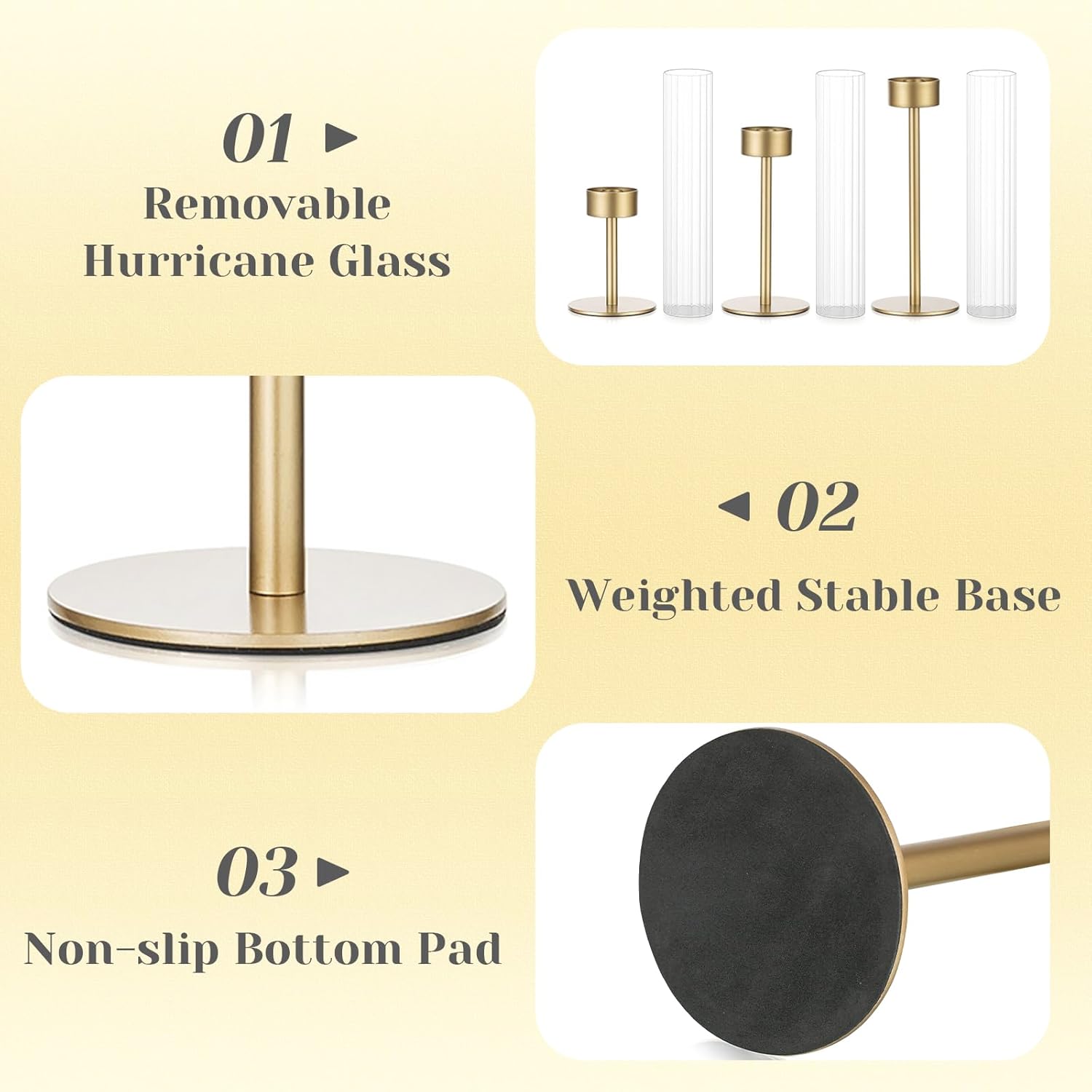 Hewory Gold Hurricane Candle Holders: Brass Candlestick Holders Set of 3 Tall Taper Candle Holders for Candlesticks Candle Sticks Holder Decor for Table Centerpiece Wedding Party Christmas Decorations - Image 6