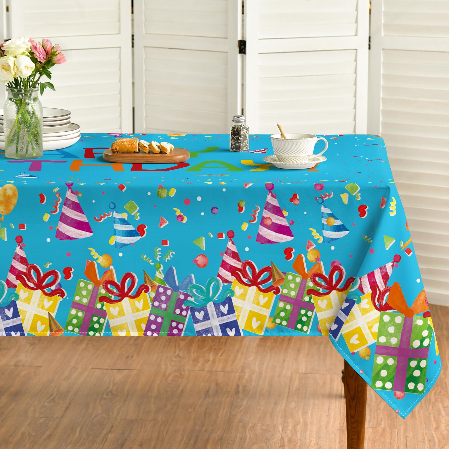 Horaldaily Birthday Tablecloth 60x84 Inch Rectangular, Happy Birthday Ballon Blue Washable Seasonal Table Cover for Party Picnic Dinner Decor