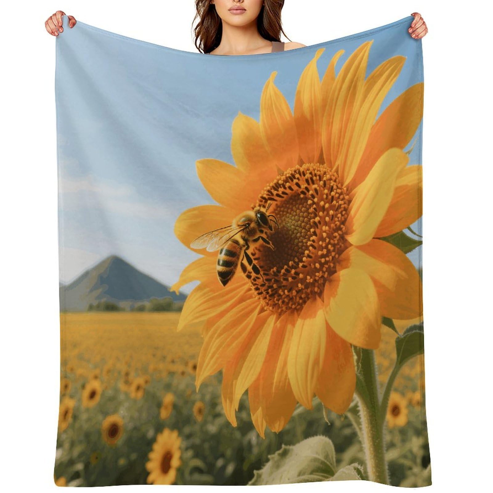 Bee on A Sunflower Blankets Exquisite Luxury Flannel Throw Blanket Anti-Fading Thick Blanket for Sofa&Bed Blankets Ultra-Soft Bath Towels for Adult 60"x80"