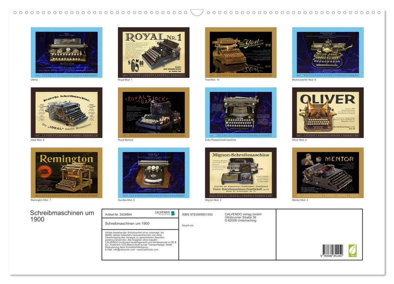 CALVENDO - Schreibmaschinen um 1900 (Wandkalender 2027 DIN A2 quer), Monatskalender: Schreibmaschinen gehörten einst zum Alltag.