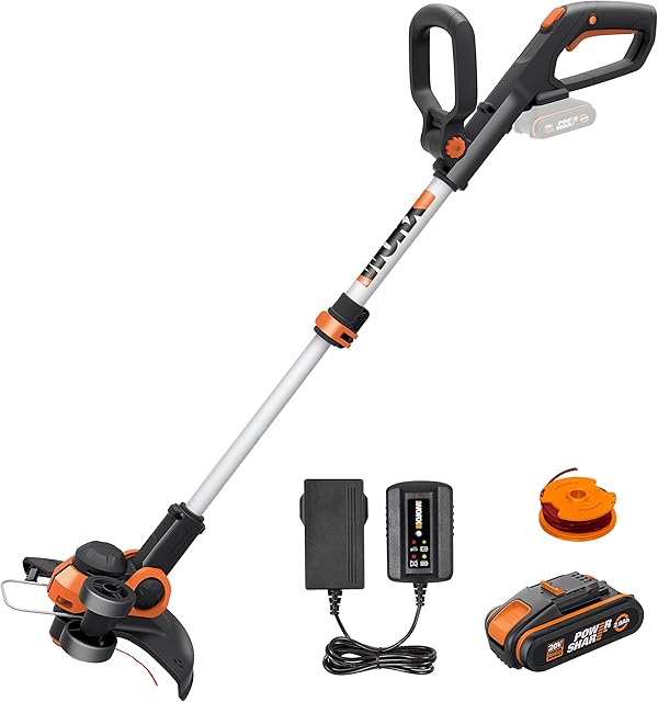 WORX 20V Cordless Grass Trimmer WG163E.1, 1 x 2.0Ah Battery, PowerShare, 2-in-1 Grass Trimmer/Edger, 90° Head pivots, Command Feed System Strimmer Line Strimmers Edge Cutter