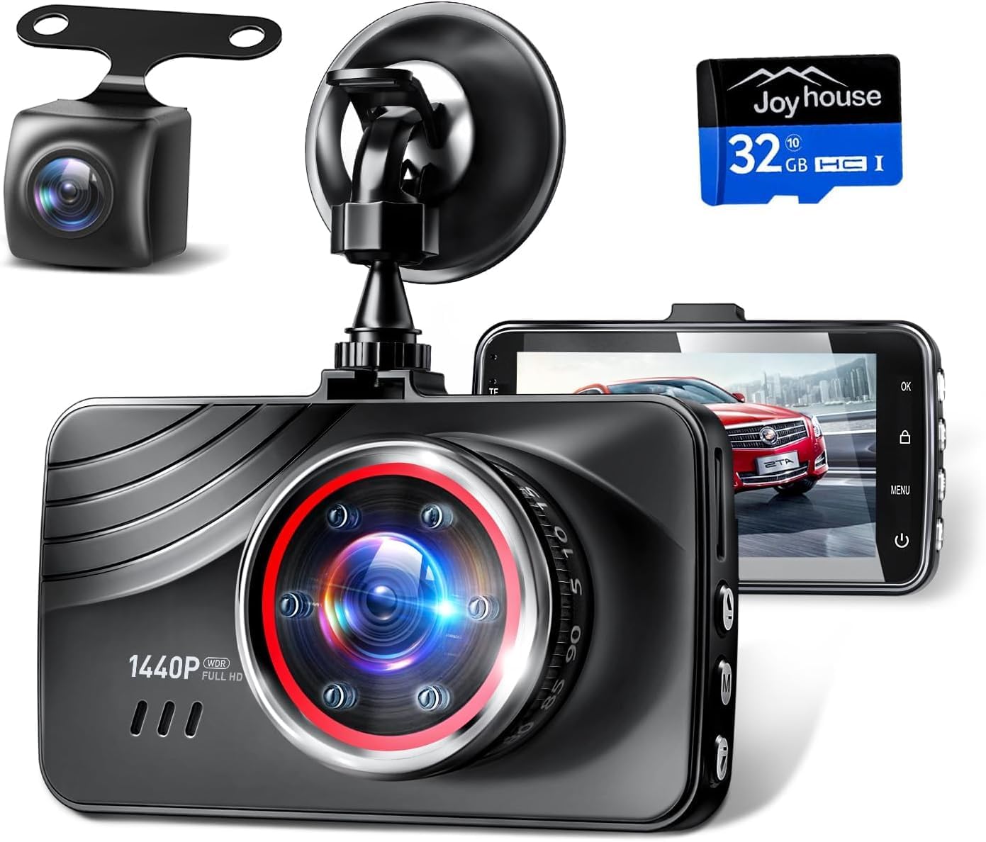 Dash Cam, Front and Rear Camera, 1440P Full HD, Advanced IMX335 Sensor, 170° Ultra Wide Angle, Infrared Night Vision Light, Compatible with Nationwide LED Signals & Noise Protection, Small Dash Camera, 3-inch LCD Screen, HDR/WDR Image Correction Technology, Parking Monitoring, Motion Detection, G-Sensor, Overwrite Recording, Emergency Recording, Easy to Operate, 32GB Card Included, Japanese Instruction Manual Included