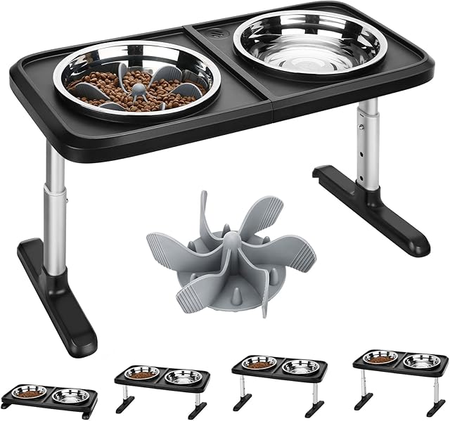 Elevated Raised Dog Bowls with Stand with Silicone Slow Feeder, Adjustable Height for Medium Large Dogs, 2 Stainless Steel Food Water Feeder Bowls 1.8L, Anti Slip Pet Feeding Station for Cats Puppy