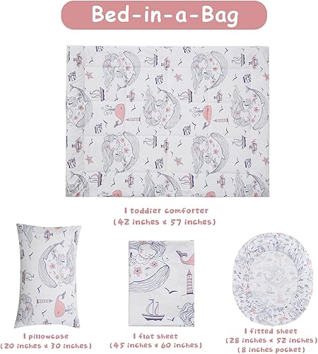 Miniatura 4 de JSD Juego de ropa de cama de sirena para niños pequeños, juego de sábanas de edredón de 4 piezas con temática oceánica, lavable a máquina