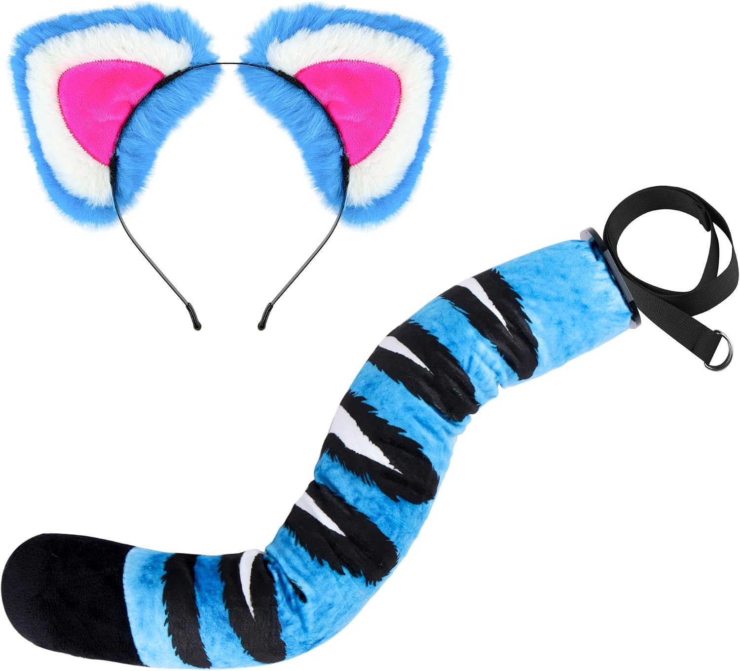 Blue Tiger Ears Headband and Tail Set, Plush Animal Costume Accessory Kit with Striped Faux Fur, Cosplay Party Prop for Halloween Themed Dress-Up
