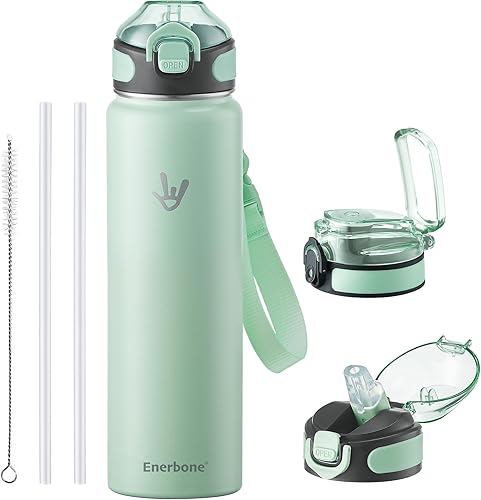 Miniatura 40 de Enerbone - Botella de agua aislada de 32 onzas, botella de acero inoxidable con correa para transporte, diseño de aislamiento al vacío de doble para