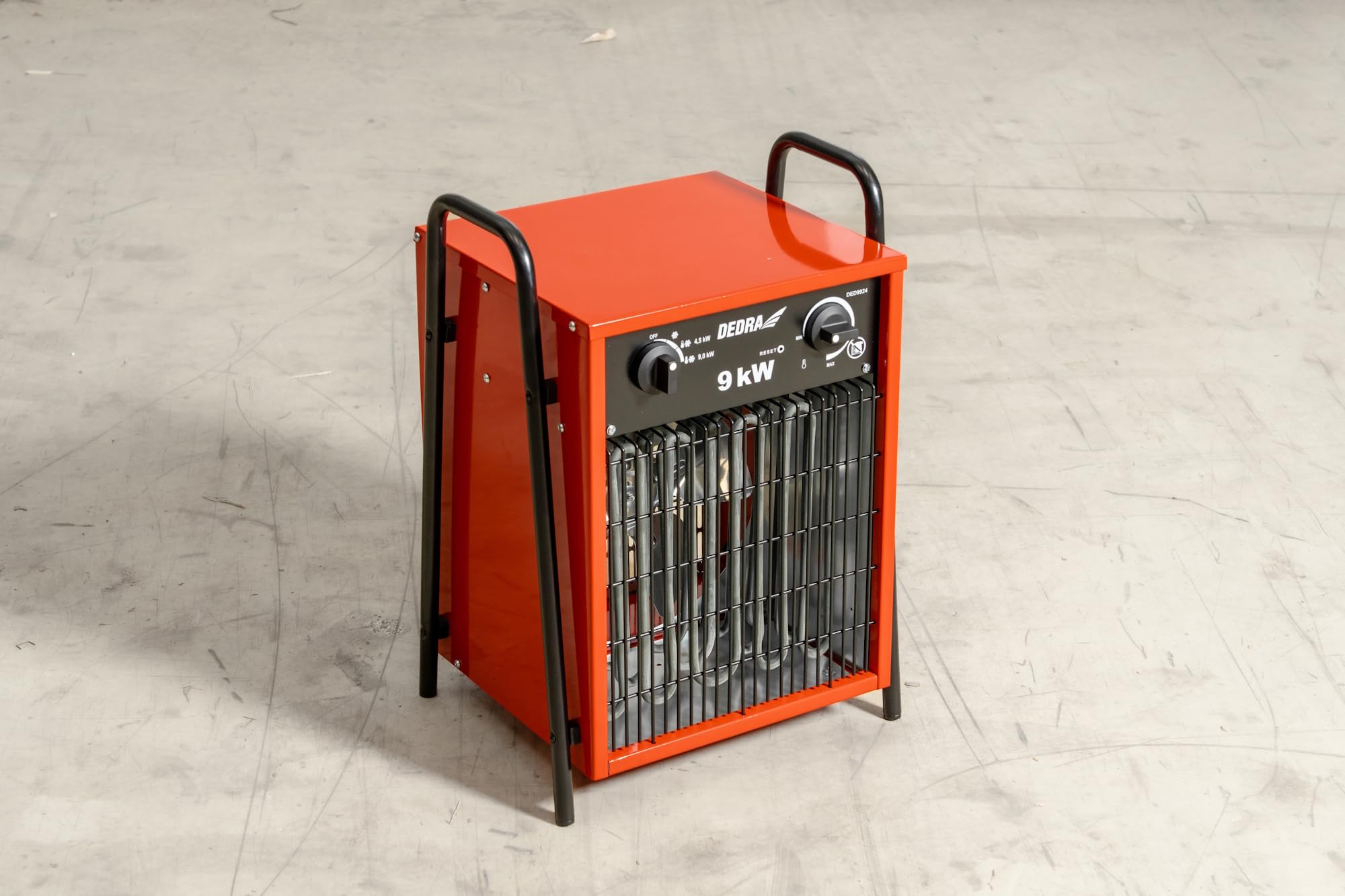 Elektroheizer 9 kW, 400 V, 4500/9000 W, 708 m³/h, Heizlüfter, Thermostat, 2 Heizstufen, 3 Betriebsarten, Überhitzungsschutz, bis 90 m², Garage, Werkstatt, DEDRA DED9924