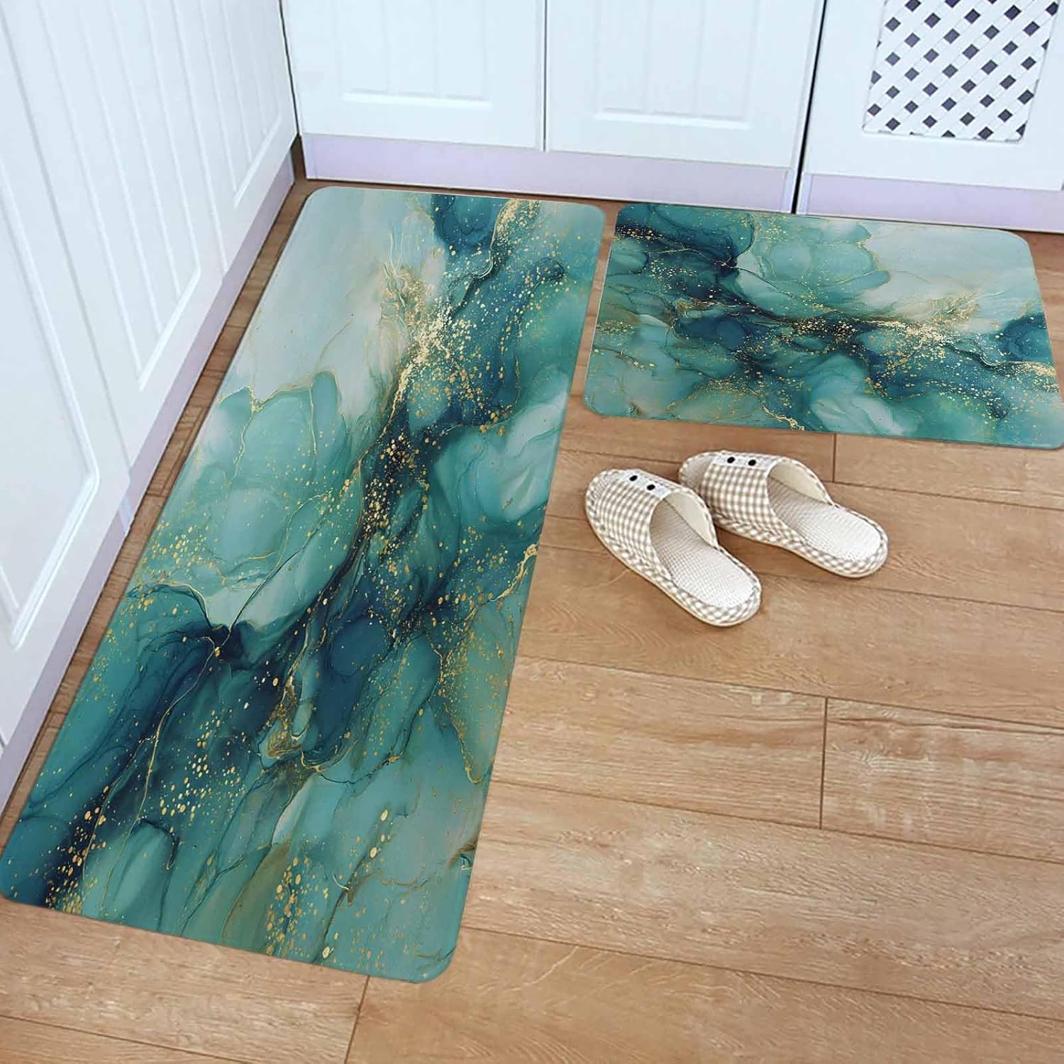 Turquoise Marble Kitchen Rugs and Mats Set of 2, Non-Slip Kitchen Sink Mat, Modern Abstract Art Aesthetics Ink Painting Washable Doormat Bathroom Rugs Runner for Bedroom 15.7"x23.6"+15.7"x47.2"