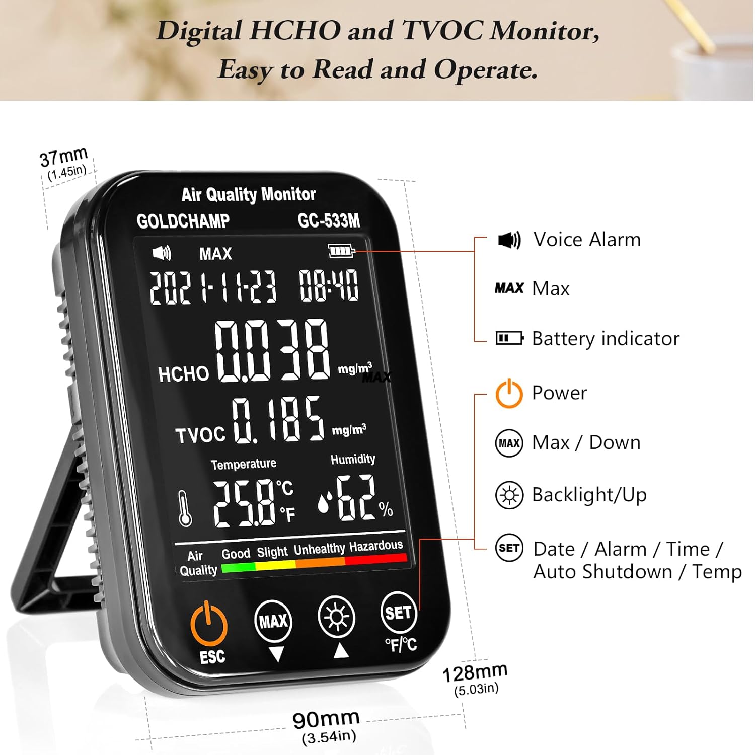 ゴールドチAMP GC-533M-US Air Quality Monitor display with labels for voice alarm, max value, battery indicator, and button functions.