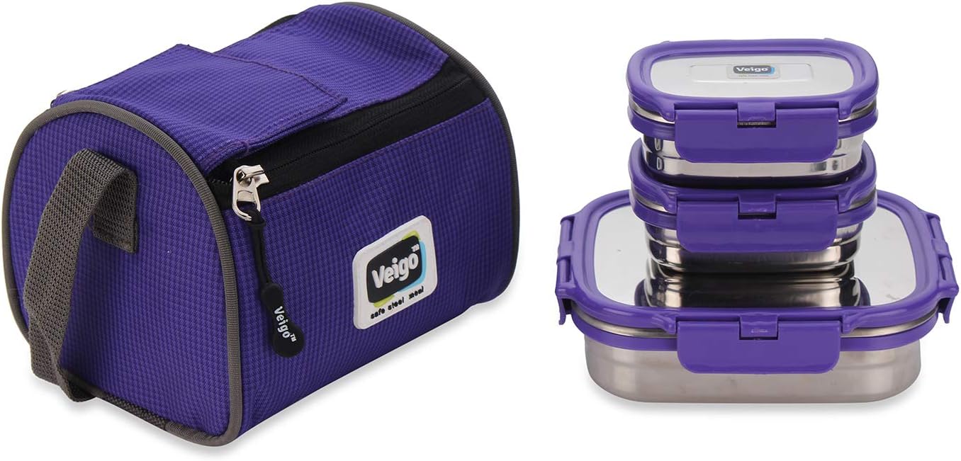 VeigoVeigo Lock & Still Lunch Box with 2 Small Compartment & Bag Airtight Leakproof Lunch Box Sleek & Compact Design Easy to Carry with Bag Perfect for Office,School,Outdoor-630ml+130ml+130ml Purple