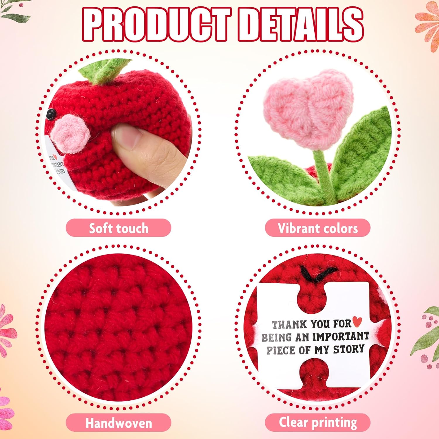 Fanfanwin 6 Pcs Teacher Appreciation Gifts Bulk Thank You for Helping Me Grow Gifts Positive Knit Crochet Sunflower Collectible Decoration Appreciation Presents for Women Office Home Decor(Apple)
