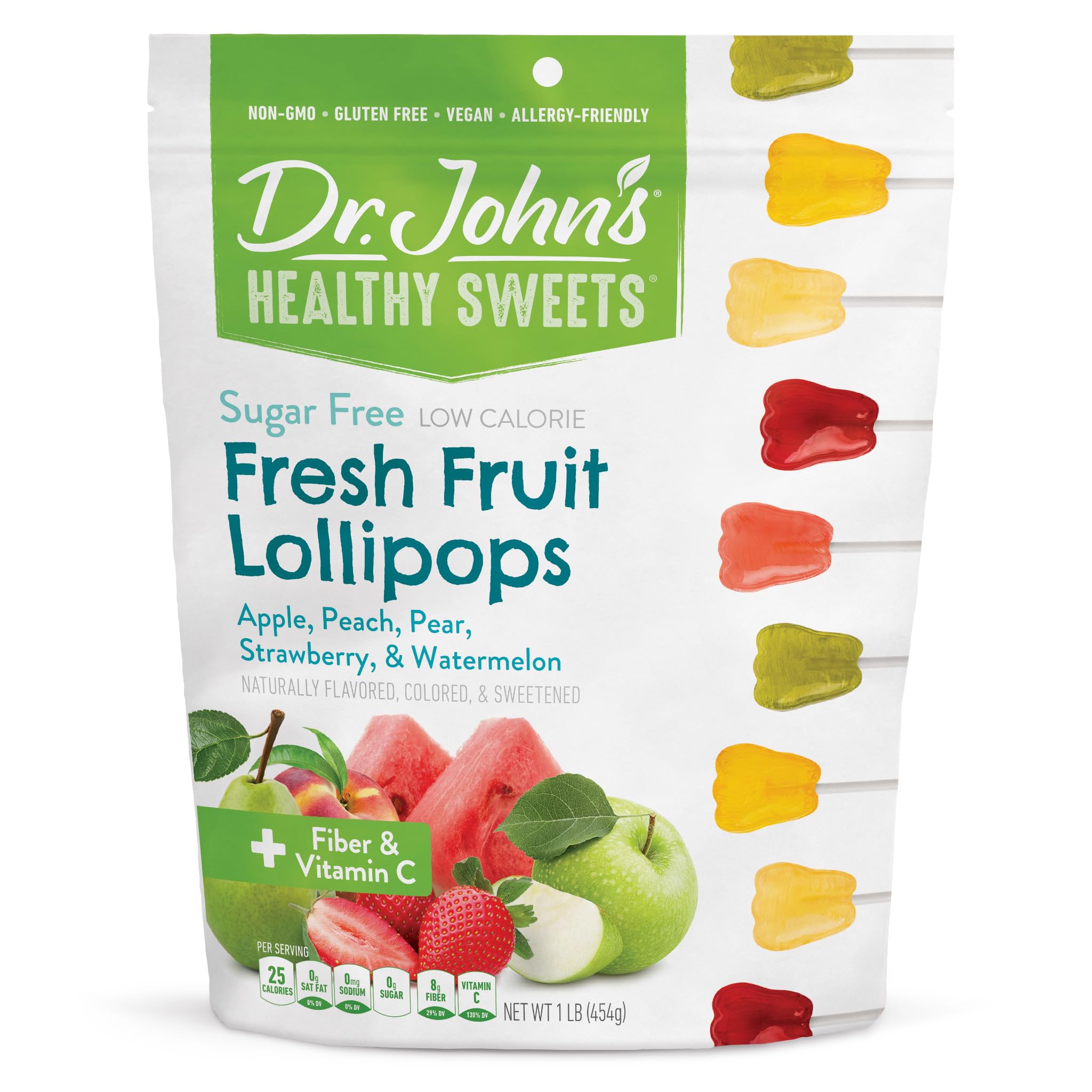 Dr. John's Healthy Sweets Fresh Fruit Lollipops with Zero Sugar, Dye-Free, Plant Based, Keto Friendly, 60 Count, 1 LB Bag
