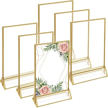 6Pack A5 Acrylic Sign Holder, Double Sided Table Menu Holders, A5 Display Stand, Gold Frames Sign Holder for Picture Photos,Wedding Table Numbers, Restaurant Signs, Poster, Leaflet