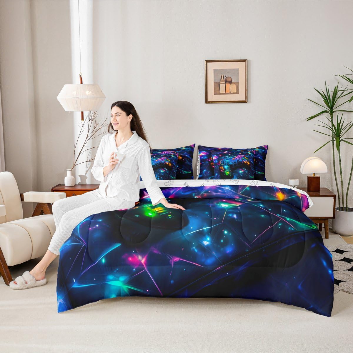 Feelyou Kids Gamer 7 Pieces Bedding Set Queen Size, Galaxy Gaming Bed in A Bag Glitter Game Comforter Set with Sheets Boys Girls Gamepad Teens Bed Set Bedroom Decor 7Pcs
