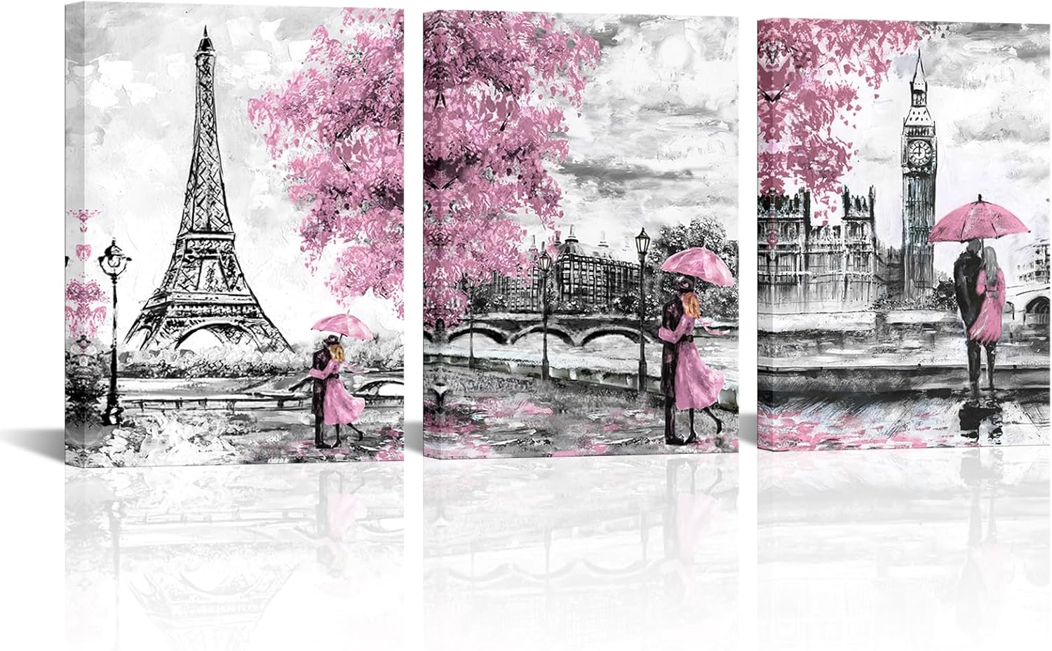iKNOW FOTO Black & Pink Paris & London Canvas Prints - 12x16'' Romantic Couple under Umberlla Painting Wall Art Set for Bedroom, Living Room, Bathroom - Eiffel Tower & Big Ben Pictures