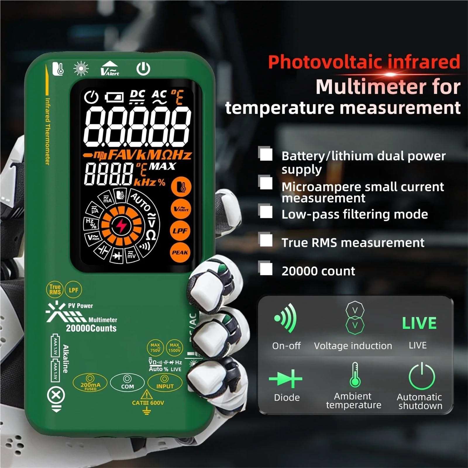 Multimetro, Multimetro digitale intelligente fotovoltaico con display da 20.000 parole, misurazione della temperatura a infrarossi, tensione e corrente continua a 1.500 V.