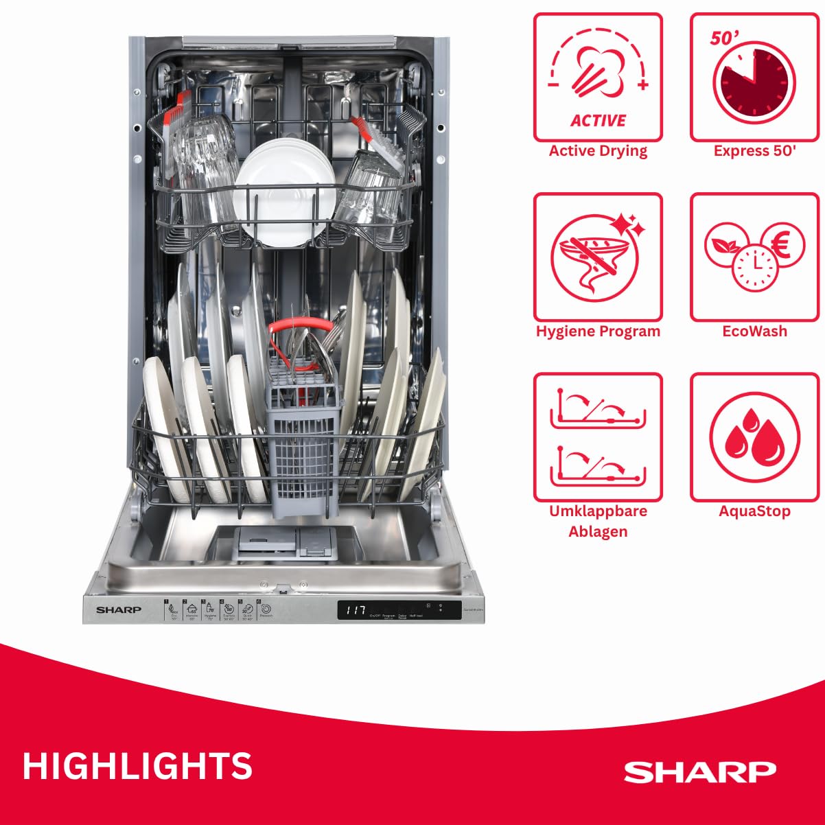 Sharp QW-NS1EI47EX-DE Geschirrspüler vollintegrierbar 45 cm 10 Maßgedecke E 47 dB Active Drying Hygiene 70°C Edelstahl