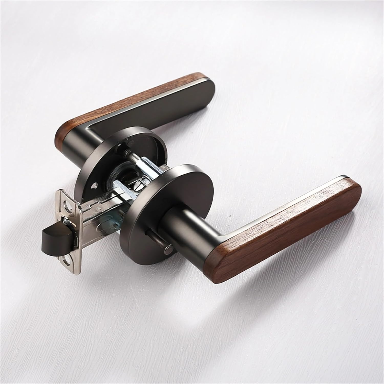 Privacy Door Handle Walnut Wood Lever Matt Brushed Black Nickel Bedroom Bathroom Passage Lock Keyless