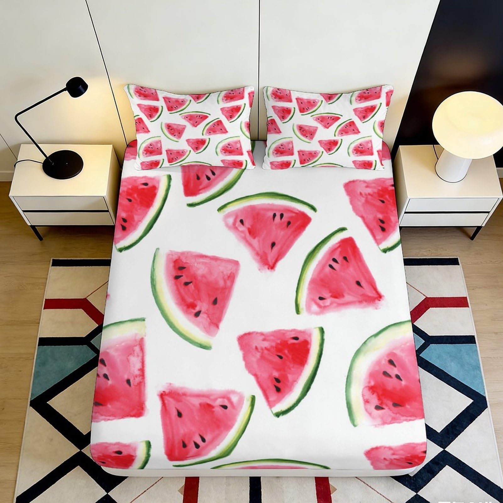 3D Printed Watermelon Slice Fitted Sheet Microfiber Soft Anti-Slip Fruit Bed Cover for Bedroom Dorm Mattress Decor 90x200x25cm