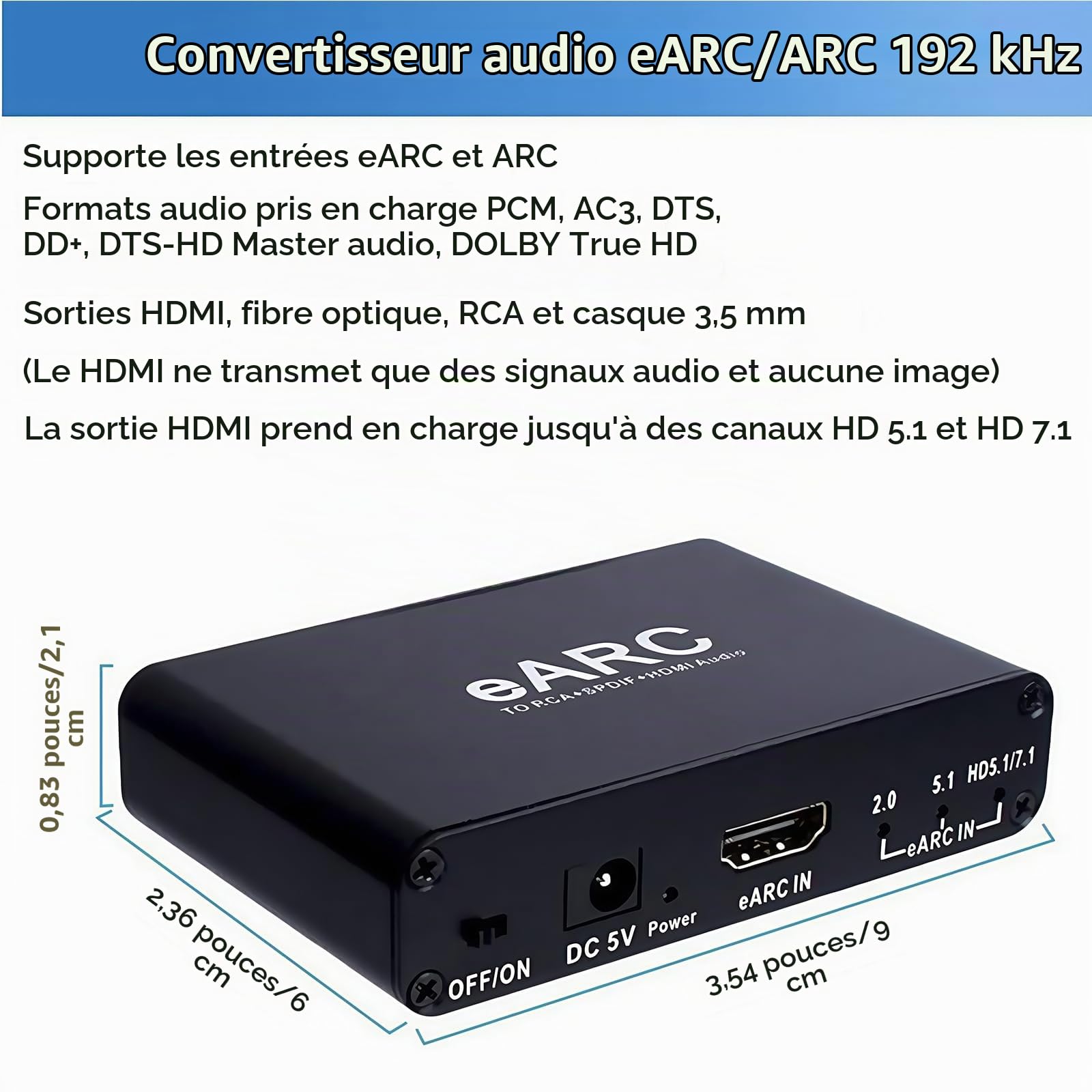 Convertisseur HDMI eARC/ARC vers Optique/RCA/Casque 3.5mm – Sortie Audio 5.1/7.1 Canaux 24-bit/192 kHz – Compatible TV, Sonos, Ampli Home Cinéma