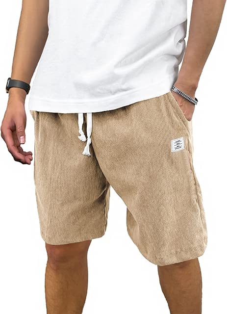 PLEPAN Mens Corduroy Shorts Casual Elastic Waist Drawstring Summer Beach Shorts