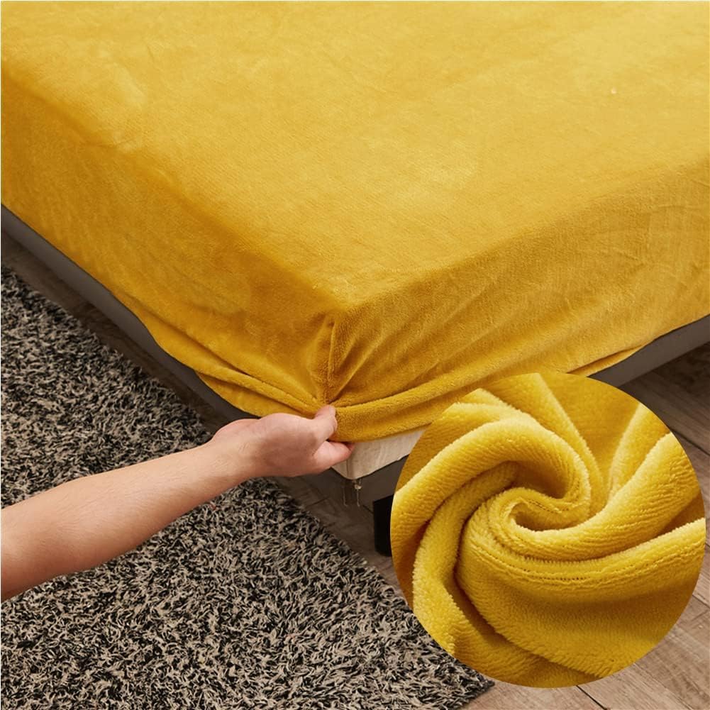 Highdi Fitted Sheet Small Double Velvet, Yellow Bed Sheets 30cm Deep Pocket Warm Winter Bedding Fitted Sheet Soft Teddy Fleece Sheets Anti Wrinkle(120X200X30cm)