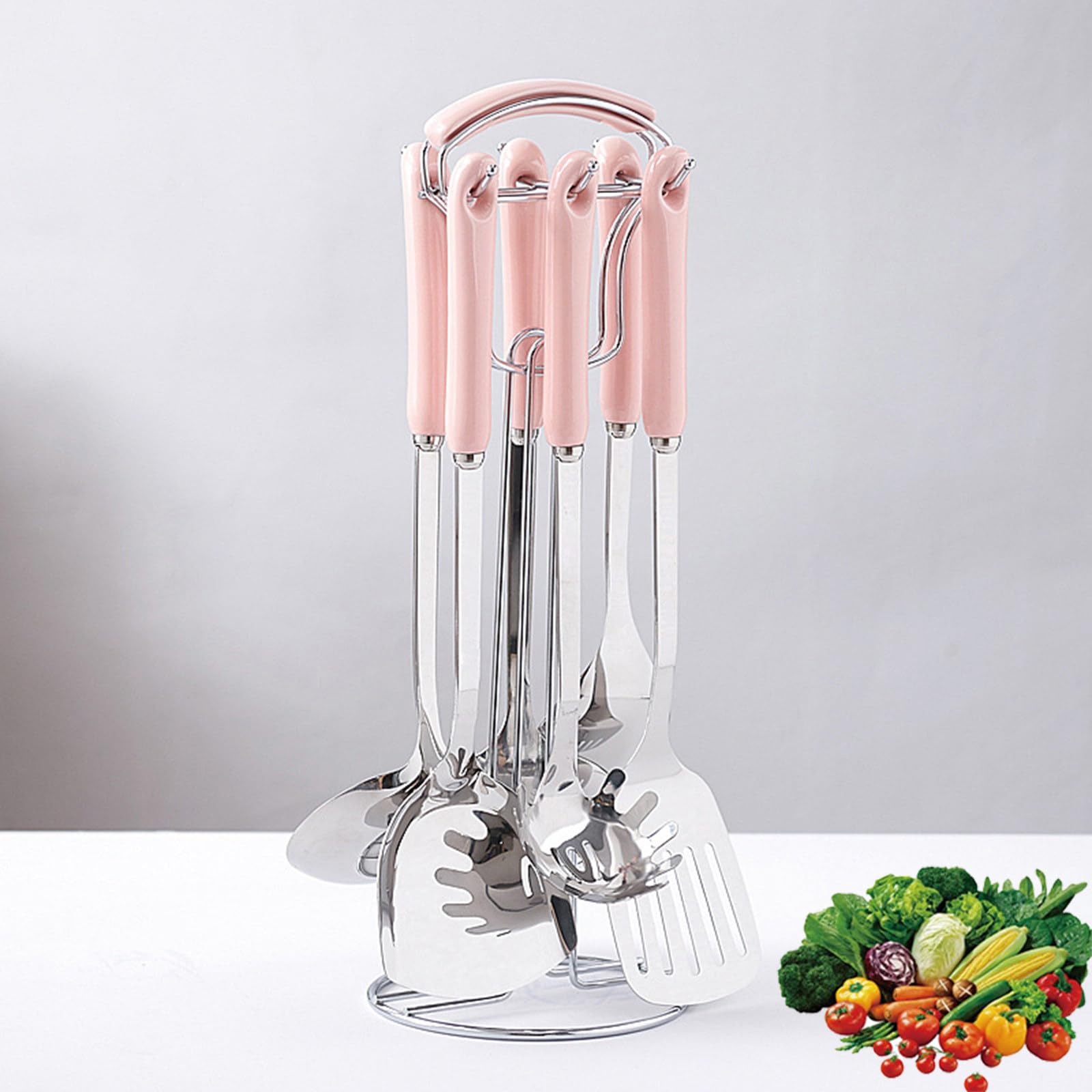 Set di 7 Utensili da Cucina in Acciaio Inox 201 con Supporto, Kit Comprensivo di Spatola E Mestolo con Manico in Ceramica Termoisolante per La Cucina Domestica Pink