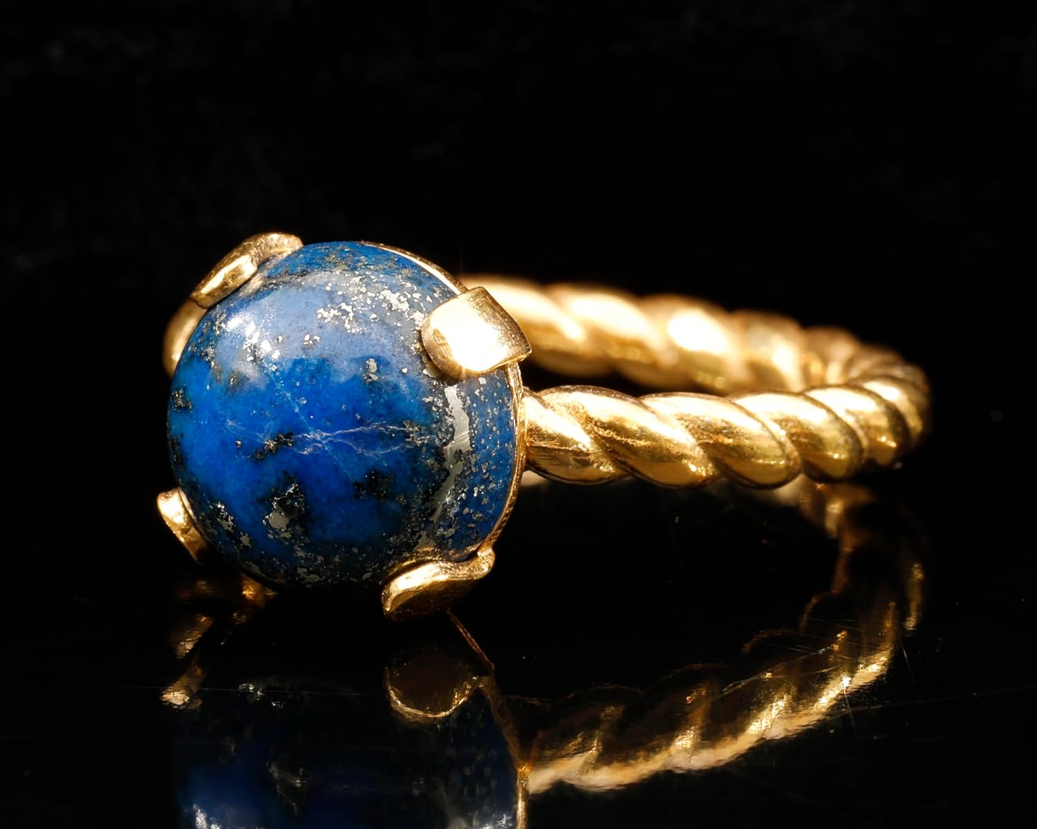 Natural Lapis Lazuli Crystal Rope Twist Ring Anti-Tarnish 925 Sterling Silver Round Gemstone Sagittarius Fashion Solitaire Ring Royalty Stone