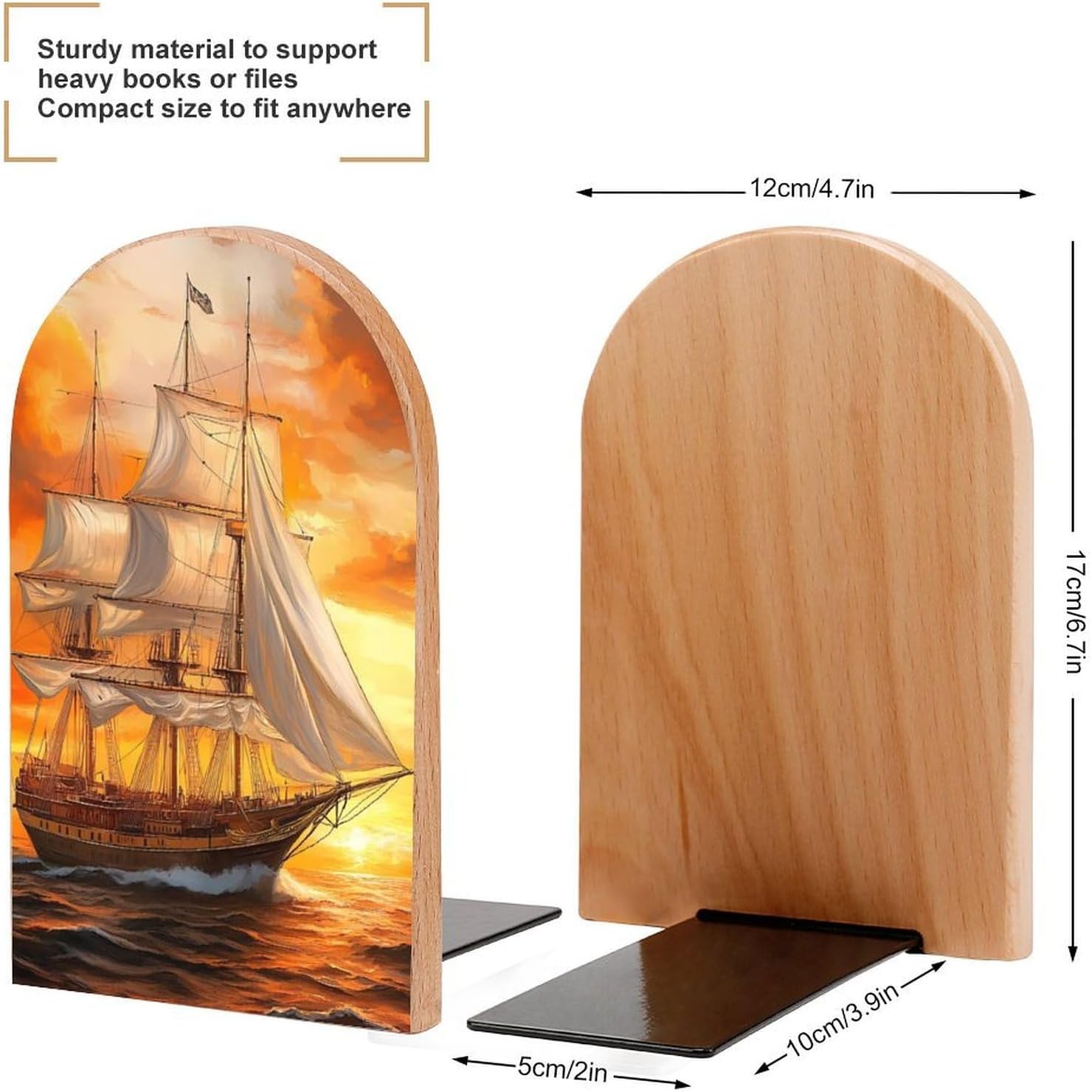 Sail Boat Sailing Ship Cute Wood Book Ends Decorative Bookends 1 Pair Non-Skid for Shelves Home Office 7 X 5 Inch