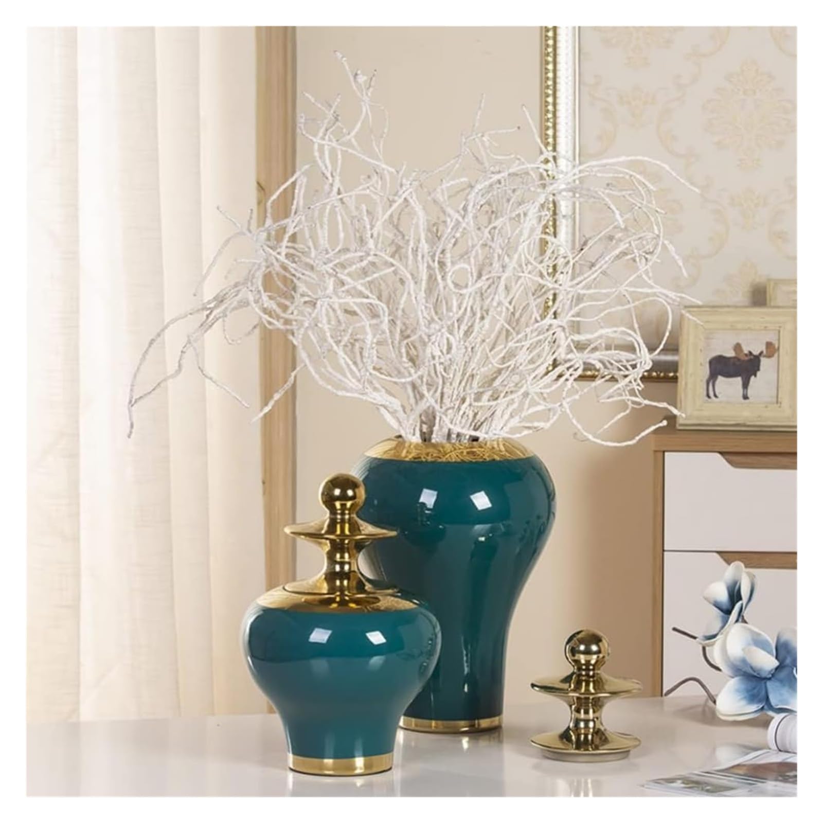 Wazon w kolorze zielonym, ceramiczny słoik na imbir, wazony ze złotym wykończeniem, porcelanowy słoik do przechowywania, wazon, słoiki świątynne z pokrywką, pojemniki na środek stołu, ozdoba, kom