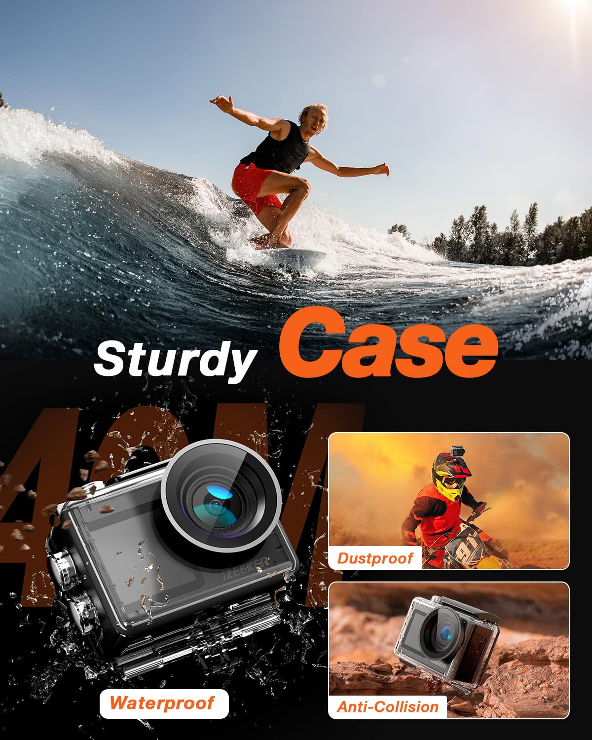 iZEEKER Camera Sport 4K 24MP, Étanché 40M, Camescope 4k avec EIS,Double écran Appareil Photo sous-Marin, WiFi, Vlog Camera, 2X1350mAh Batteries, Télécommande Micro Externe, Kit d'Accessoires
