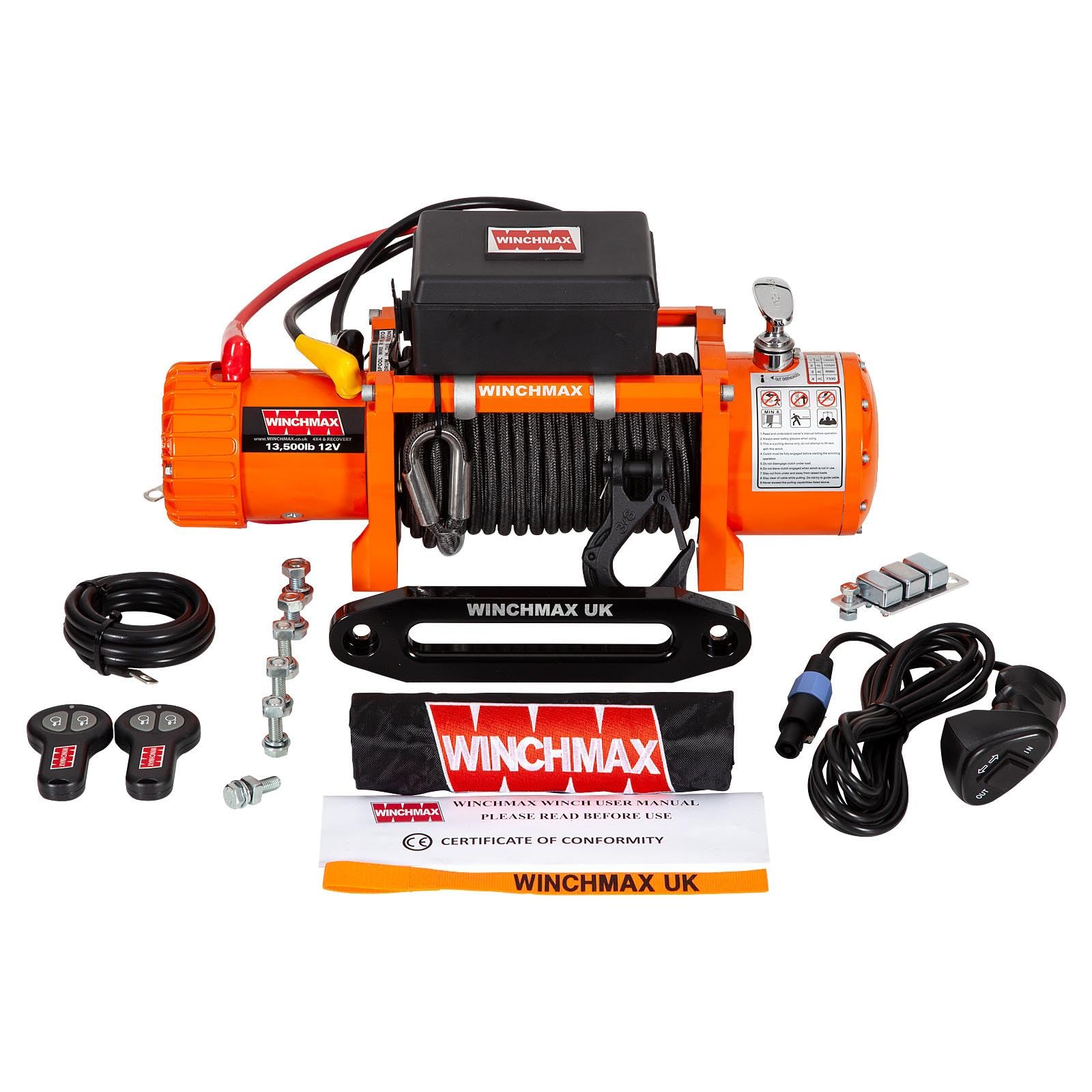13,500lb (6,123kg) Original Orange 12v Electric Winch. 25m x 10mm Armourline Synthetic Rope, 3/8 Inch Tactical Hook..