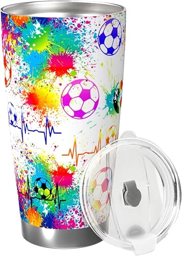 Miniatura 2 de Vaso de fútbol de 20 onzas con tapa, taza de café aislada de acero inoxidable para amantes de los deportes