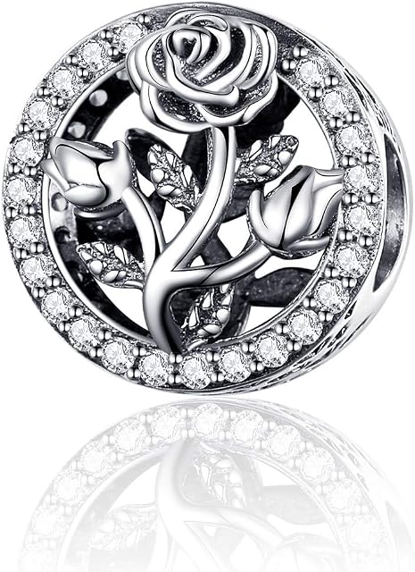 Valentine's Day Rose Flower 925 Sterling Silver Charms for Bracelets Bead Charm Jewellery Gifts for Women Girls Mum Daughter Sister Wife Girlfriend Auntie Niece Best Friend