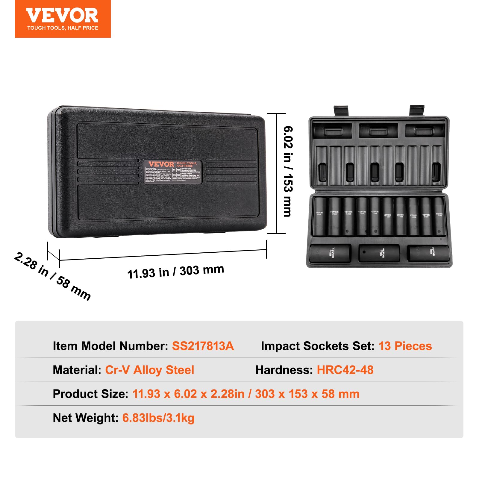 VEVOR Zestaw nasadek udarowych 1,27 cm, 13-częściowy zestaw nasadek głębokich metrycznych 10-24 mm, 6-punktowa stal stopowa CR-V do automatycznej naprawy, łatwe do odczytania oznaczenia rozmiaru,