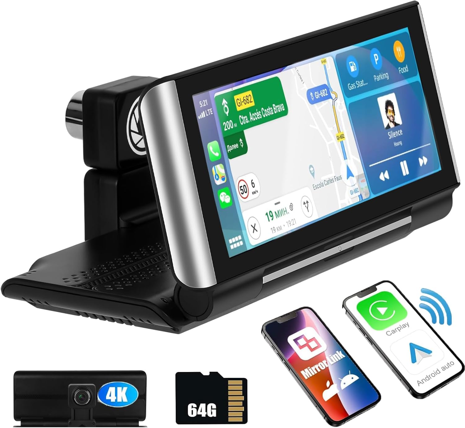 4K DVR Dash Mount with Portable Wireless Carplay, 6.86