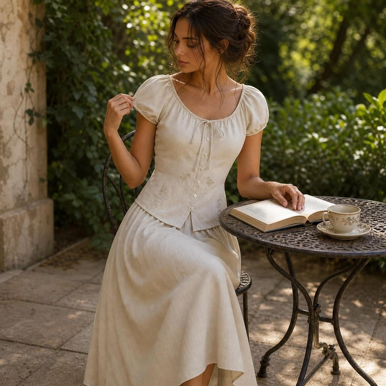 Homyl Tailleur jupe femme 2 pièces chemise et jupe midi brodée manches courtes rétro, Mo féminine - Brorie florale