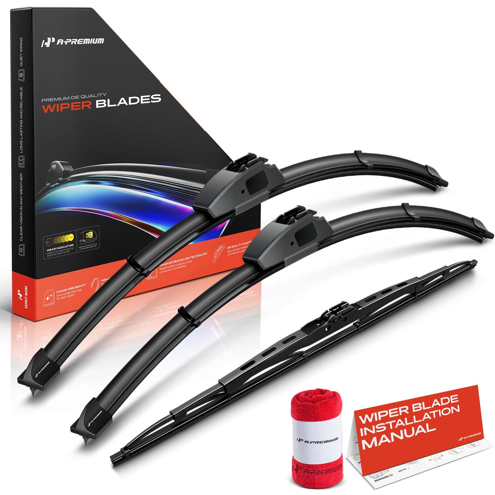 A-Premium 22"+22"+19" Windshield Wiper Blades with Wear Indicator & Towel