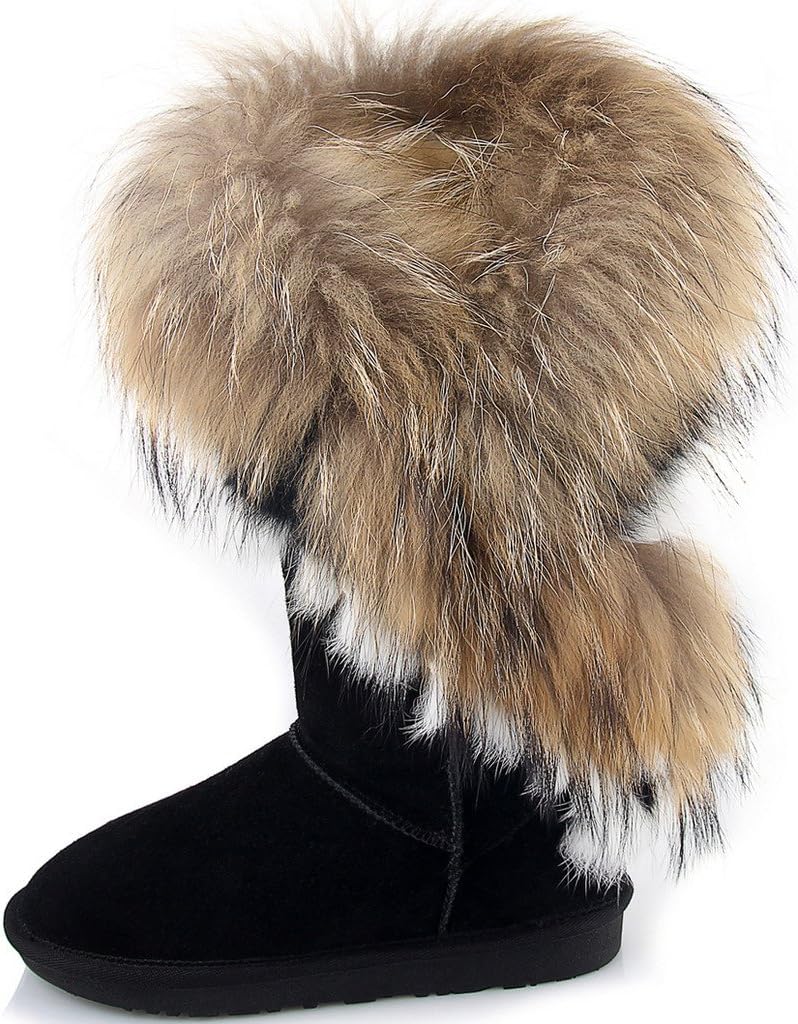 APHNUSWomens Mid Calf Boots Cow Leather Fur Snow Boots