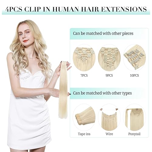 Miniatura 3 de DOORES Extensiones de cabello humano Remy con clip, 4 unidades, 1.06 oz, 22 pulgadas, balayage, rubio claro, con reflejos rubio dorado, extensiones