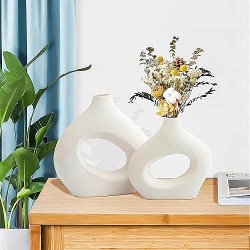 Miniatura 7 de Juego de 2 jarrones de cerámica blanca, jarrón de dona, jarrón de pampas, jarrón moderno para decoración del hogar, florero de decoración de estantes