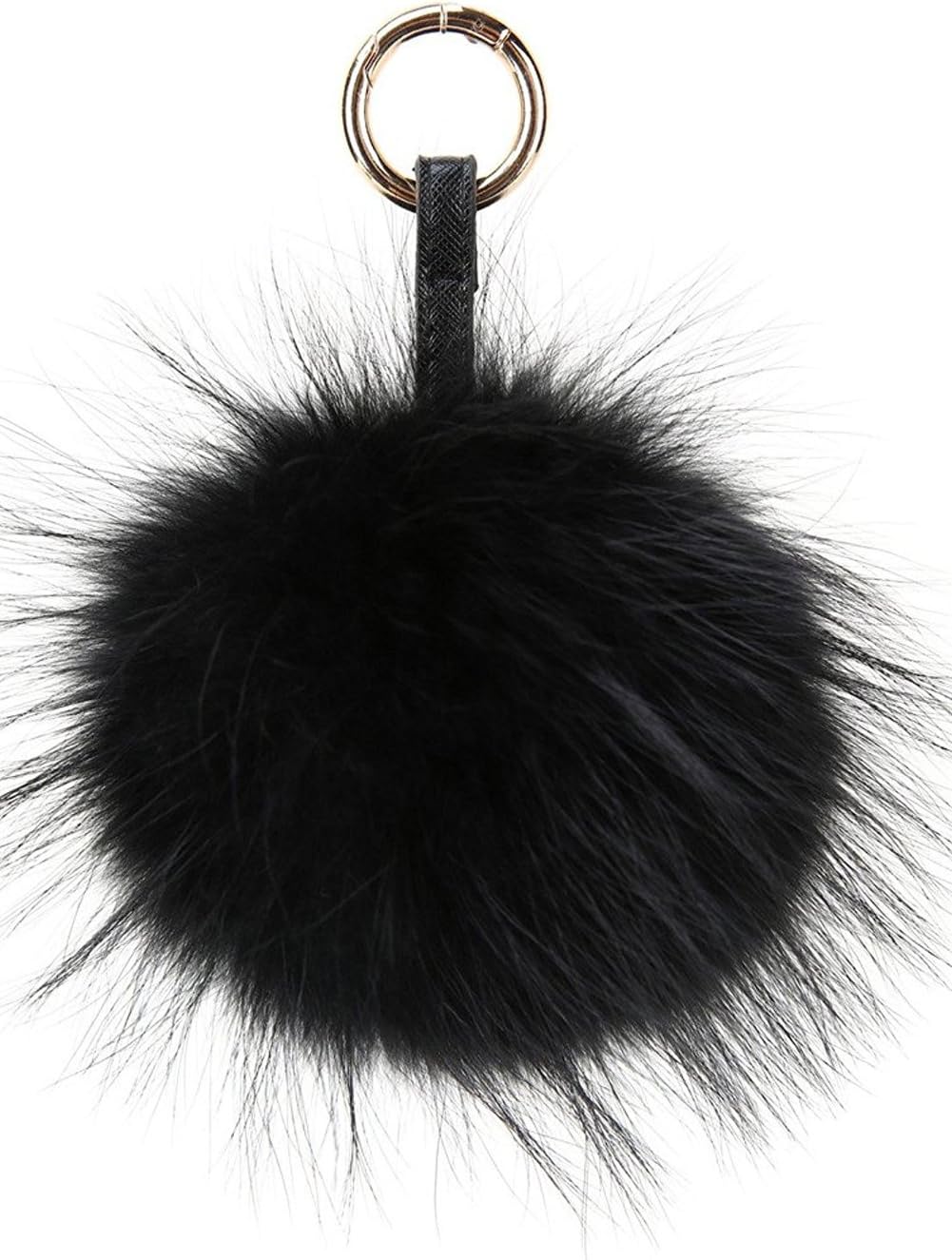 6" Large Fluffy Genuine Fur Pom Pom Keychain Puffy Ball Car Keyring/Bag Purse Charm (Black)