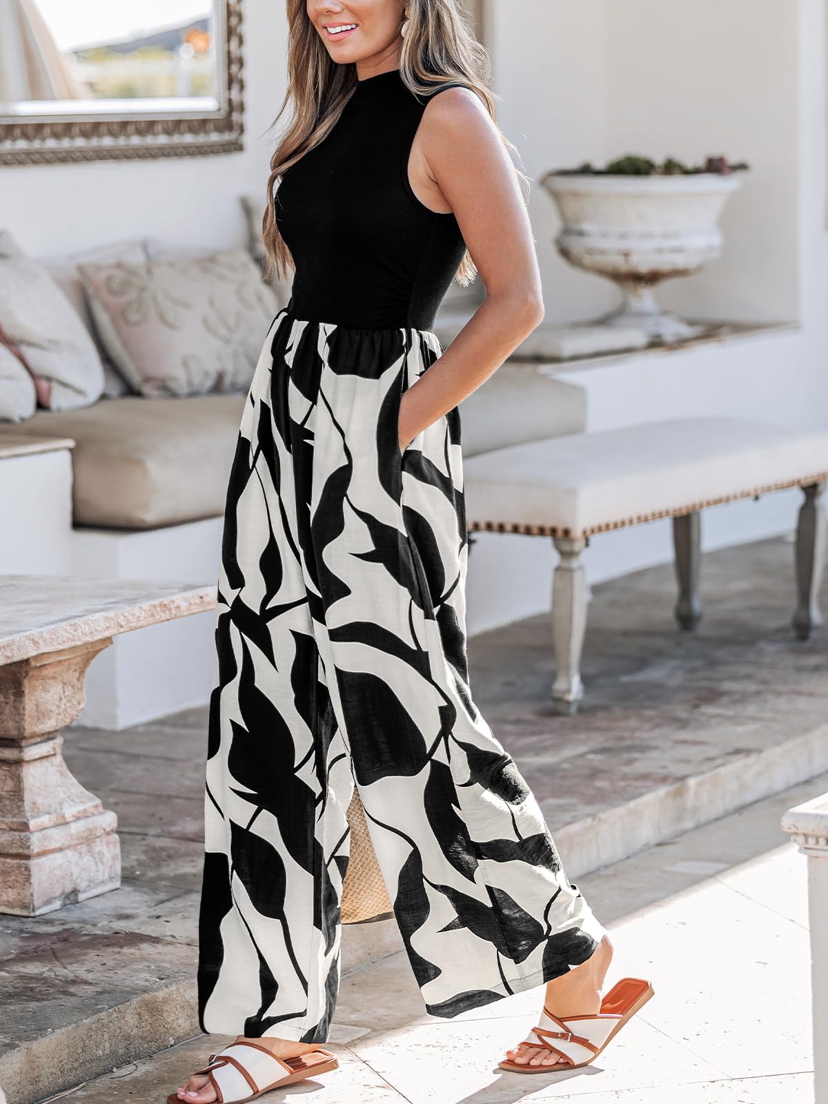 CUPSHE Damen Sommer Jumpsuit Tropisch Ärmellos Stehkragen Elegant Overall | Elastische Taille, Fließender Fall, Moderner Kontrast-Print, Bequemer Sitz, Ideal für Urlaub, Dinner und Partys