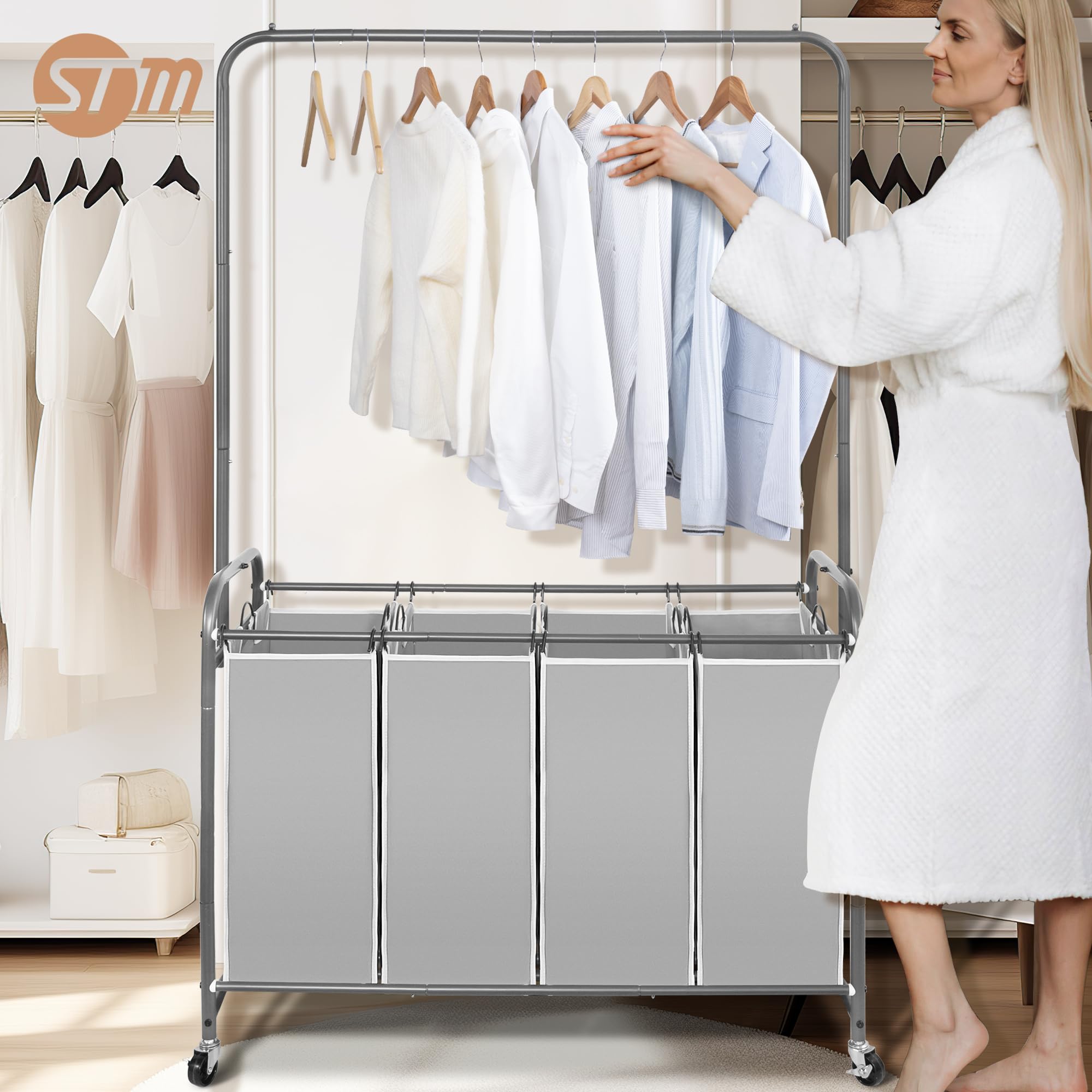 STORAGE MANIAC Carrello portabiancheria con barra sospesa, portatile, rimovibile, con ruote bloccabili resistenti e borse rimovibili, organizer per biancheria da 181 l, 4 sezioni